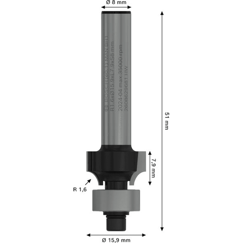 PRO Abrundfräser, R 1,6, Schaft 8 mm