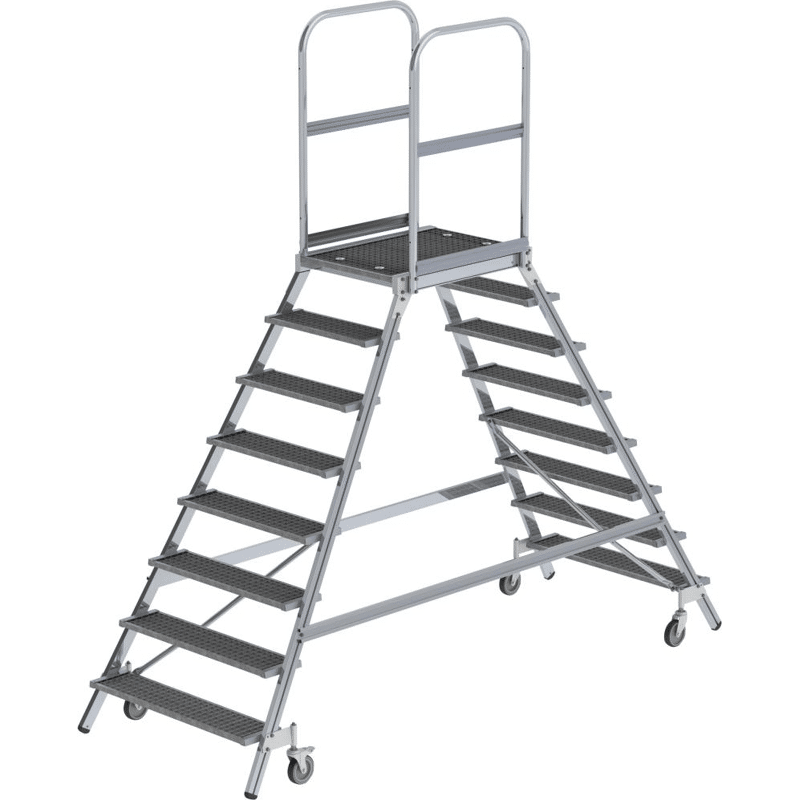 Aluminium-Podesttreppe, zweiseitig begehbar, Stahl-Gitterrost