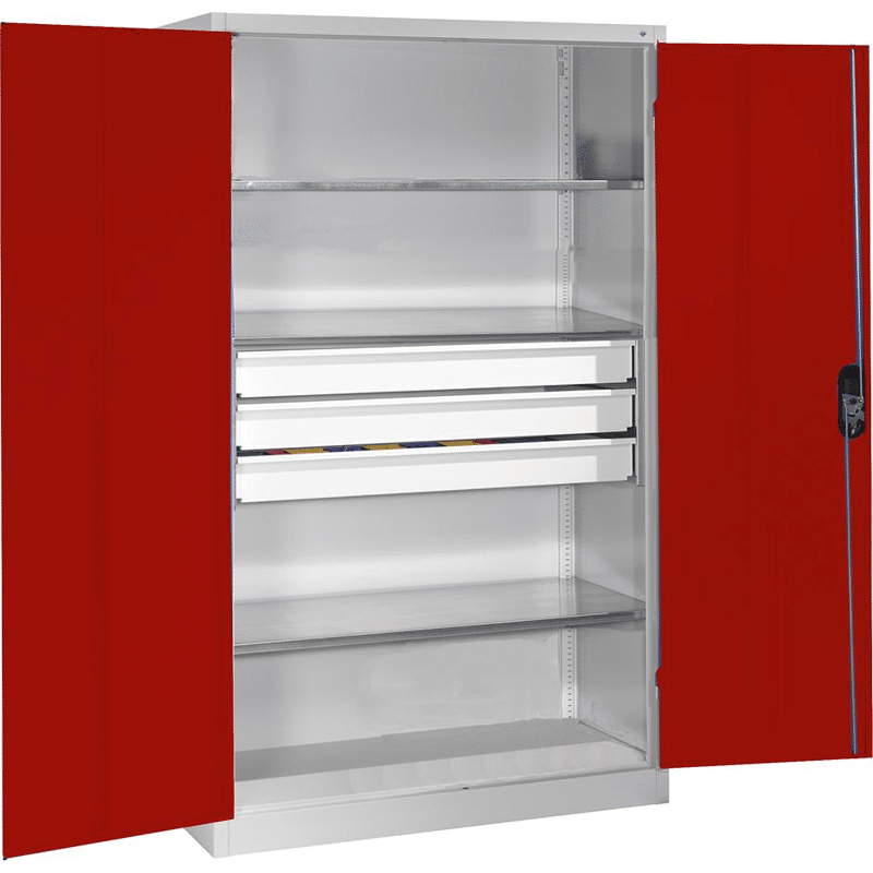 Großraum-Werkzeugschrank RAL 7035/3003 mit 3 Schubladen mittig