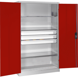Großraum-Werkzeugschrank RAL 7035/3003 mit 3 Schubladen mittig