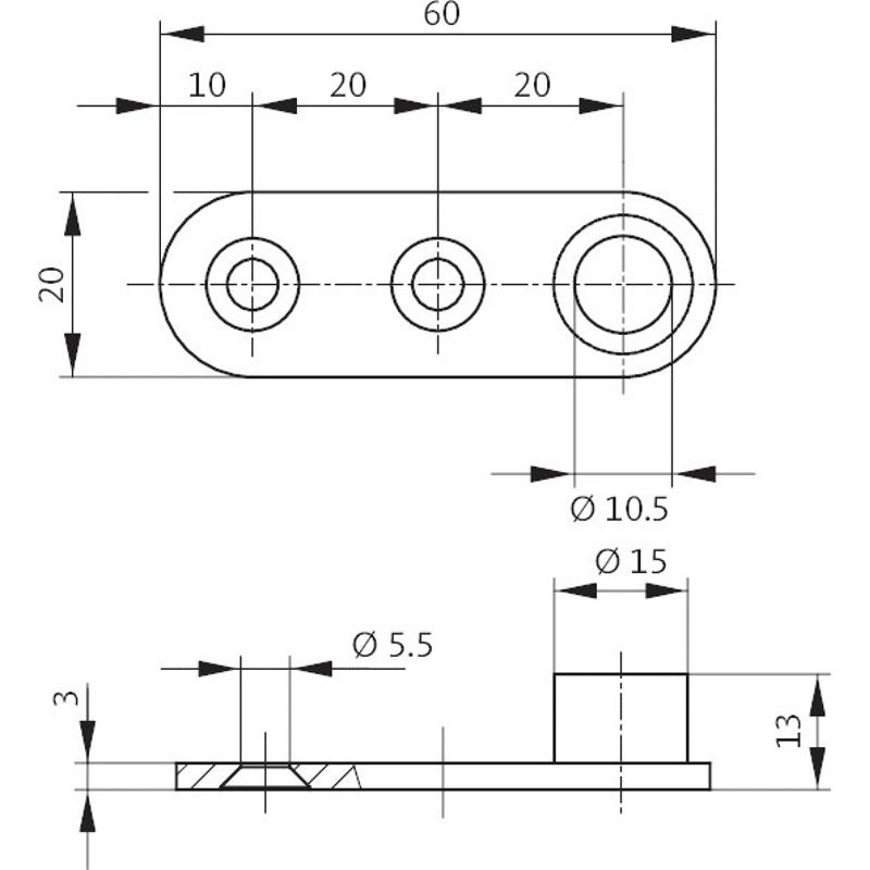 Stangenführungsplatte B 9019, für Rundstange, 60x20mm, edelstahl matt