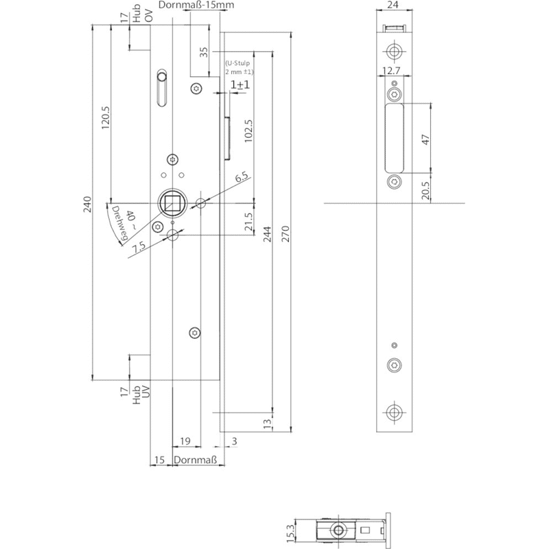 Panik-Treibriegelschloss B-19900, UG/9, D69, U24x6x270ktg, ER