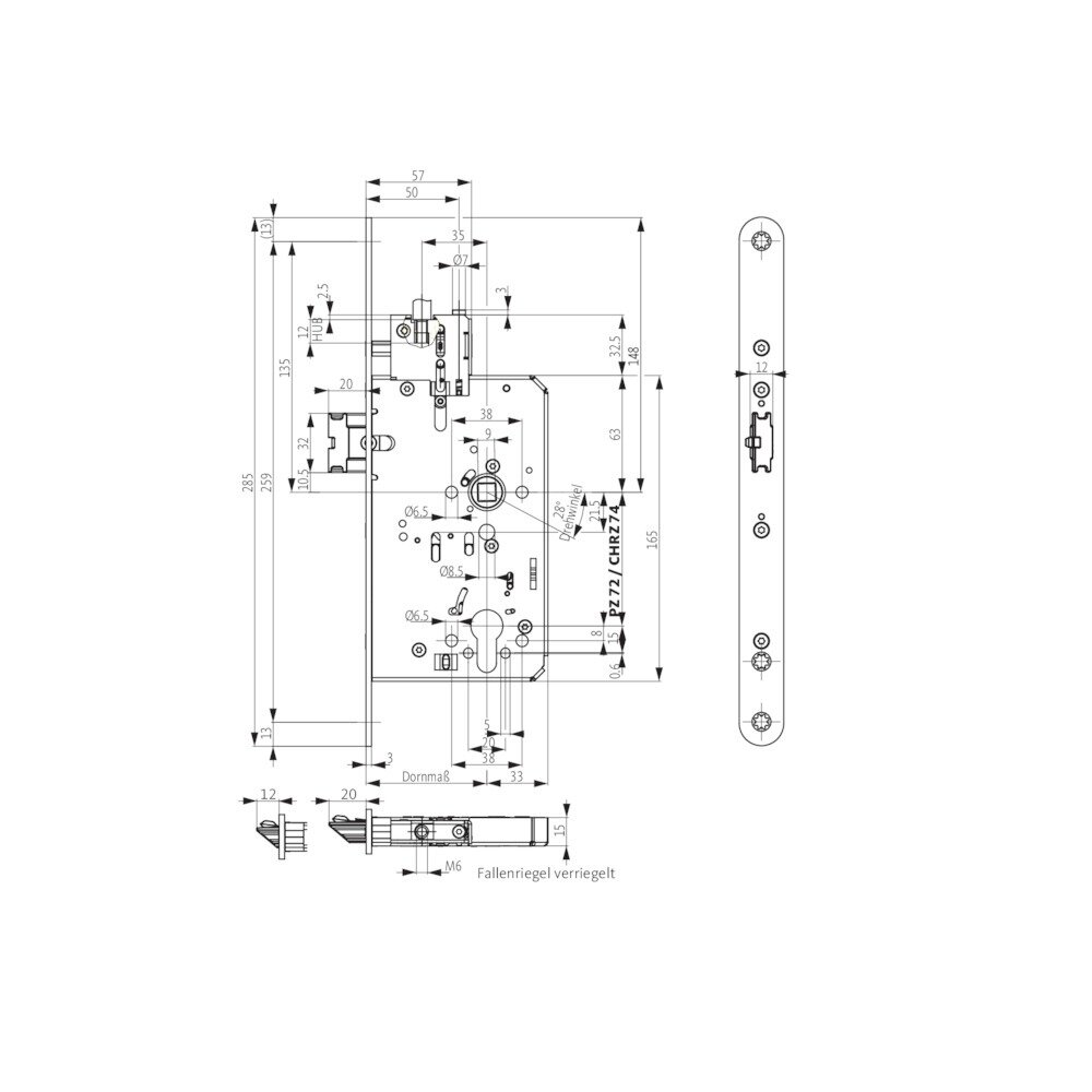 BKS PA-Einsteckschloss B-2107,RZW74/9,D80,F20x285rd,ER,P | B-21070-23-L-8