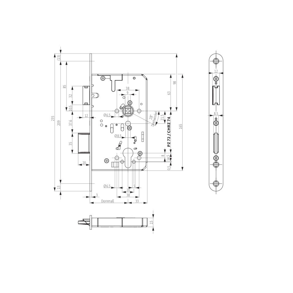 BKS PA-Einsteckschloss B-2322,PZ72/9,D100,F20x235rd,ER,P | B-23220-08-L-8