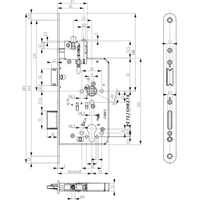 PA-Einsteckschloss B-23300, PZ72/9, D55, F20x285rd, ER, PAF-B, DR ausw.
