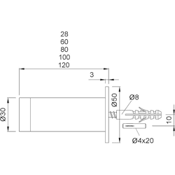 Wandpuffer mit Rosette 2076, Ø 30mm, L 100mm edelstahl