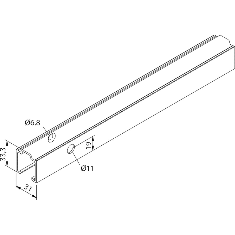 53/73 Laufschiene Aluminium blank, 1300 mm, seitl. gebo
