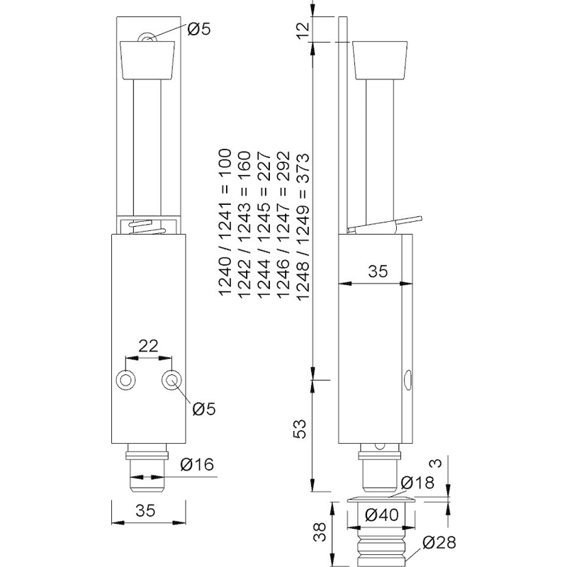 Türfeststeller 1242 60mm Hub, Innenteile aus Stahl Aluminium messingf. elox