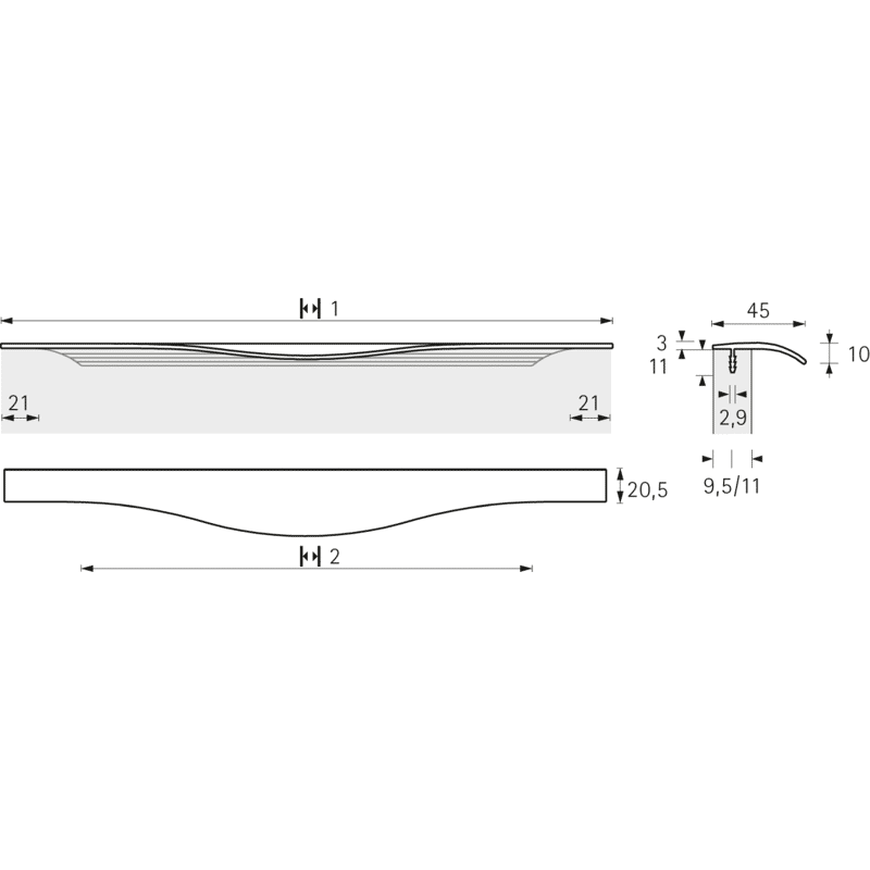 Griffleiste Codania, L 445mm, m.Harpunensteg Edelstahl Optik gebürstet