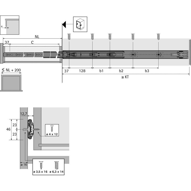 Kugelauszug KA 4532, Push to open, Stahl