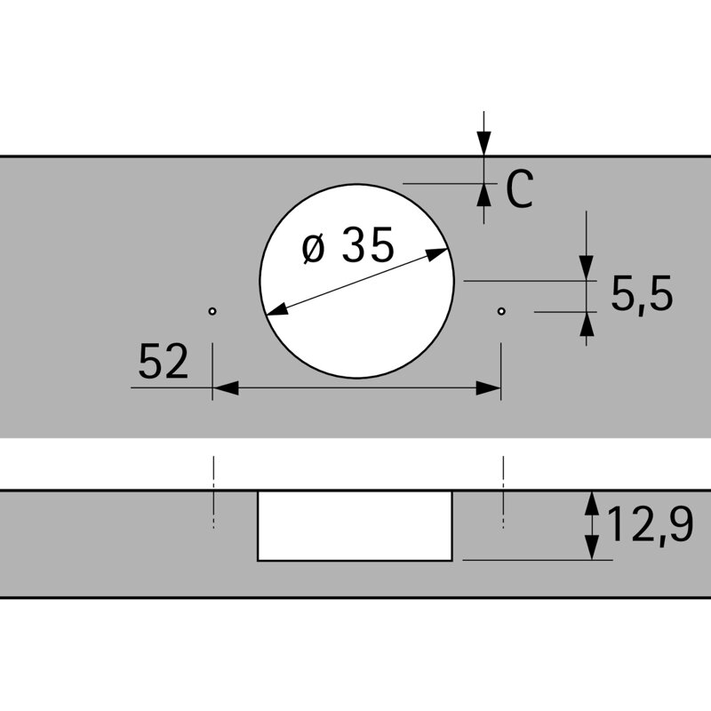 Scharnier für Eckschrankfalttüren ohne Schließautomatik (Intermat 9930), vernickelt, vorliegend, Öffnungswinkel 50° / 65°, Bohrbild TH 52 x 5,5 mm, zum Anschrauben (-)