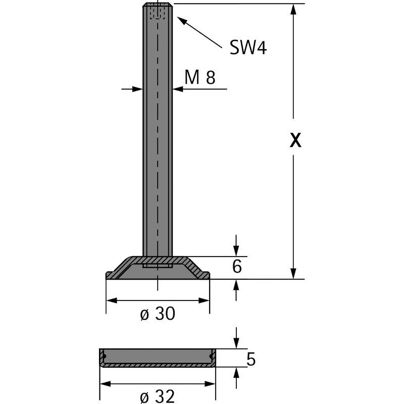 Sockelverstellschraube mit Gewinde M8, X = 60 mm
