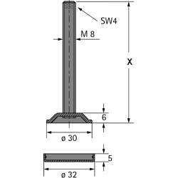 Sockelverstellschraube mit Gewinde M8, X = 60 mm