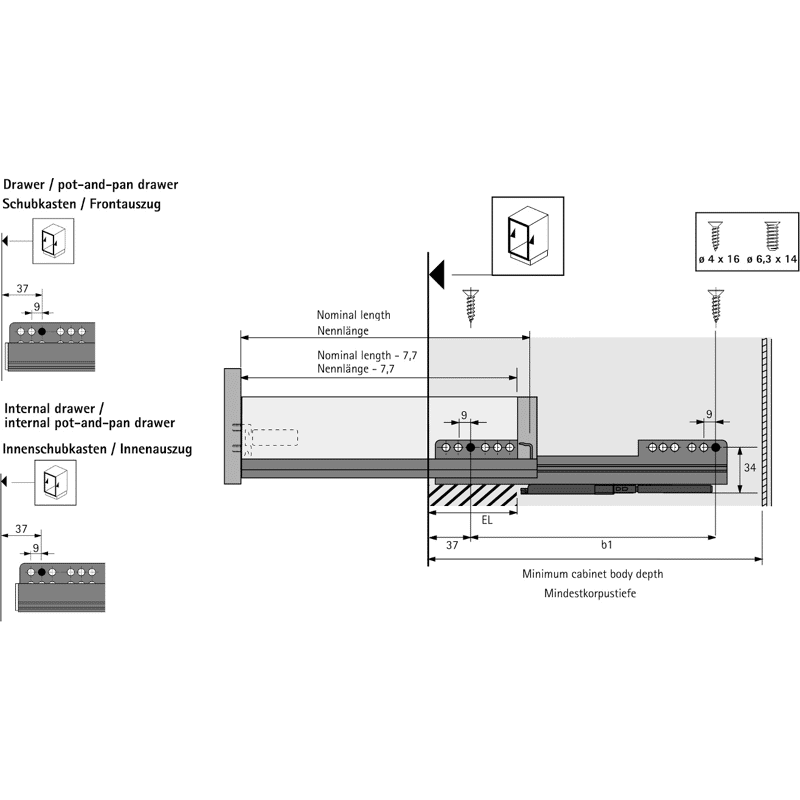 Unterflur-Teilauszug, Quadro 25, 9193544, mit Silent System, 300mm, links und rechts