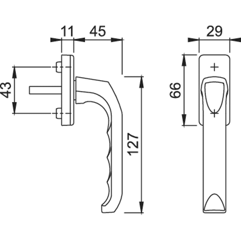 DK-Fenstergriff London 013/U34 mit eckiger Rosette, VK7x32 DL-R F1 eloxiert