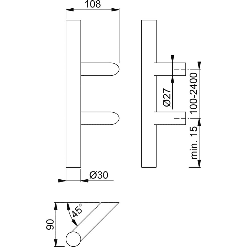 HT-Stoßgriff, E5012, gerade, BA300, Edelstahl edelstahl matt