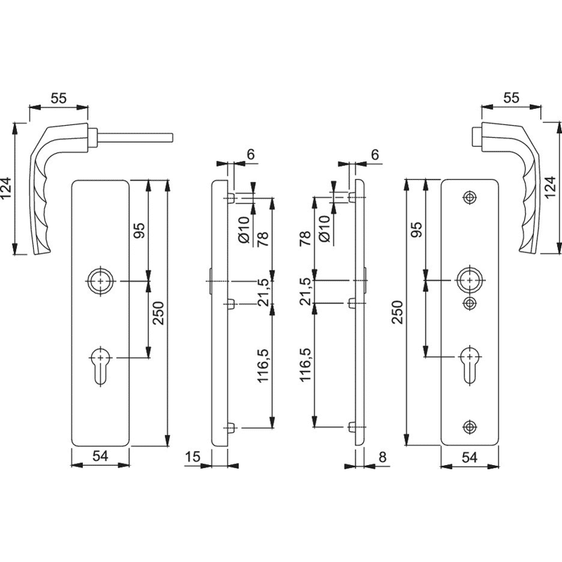 Schutz-Drückergarnitur m. Langschild Birmingham 1117/2222A/2440, 8/72mm Alum.