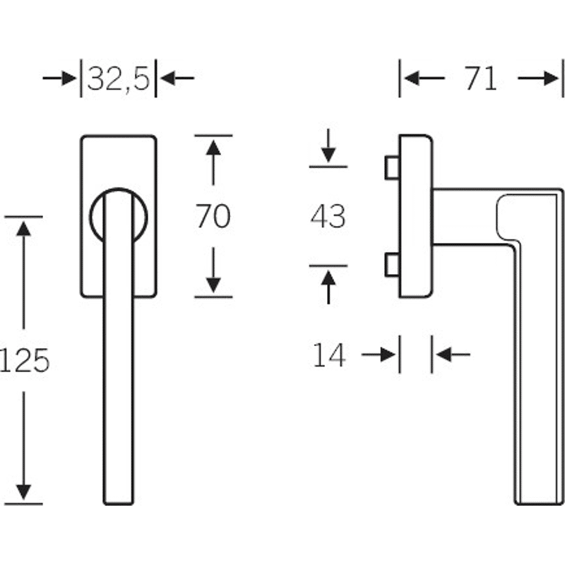 Fenstergriff 34 1035, eckige schmale Ros., Edelstahl