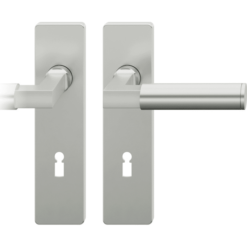 Drückergarnitur mit Langschild 12 1102, VK 8, eckig, mit Nocken, Edelstahl