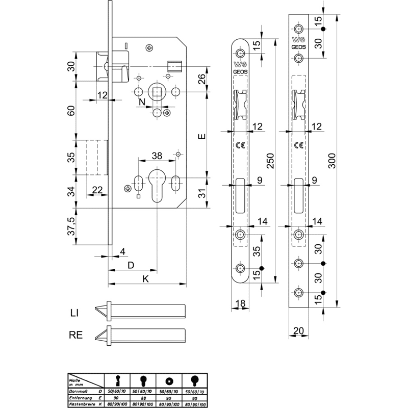 Einstemmschloss 421 PZW DM 60/88 mm ÖNORM Stulp kantig 300x20x4mm Nirolook LS/RS