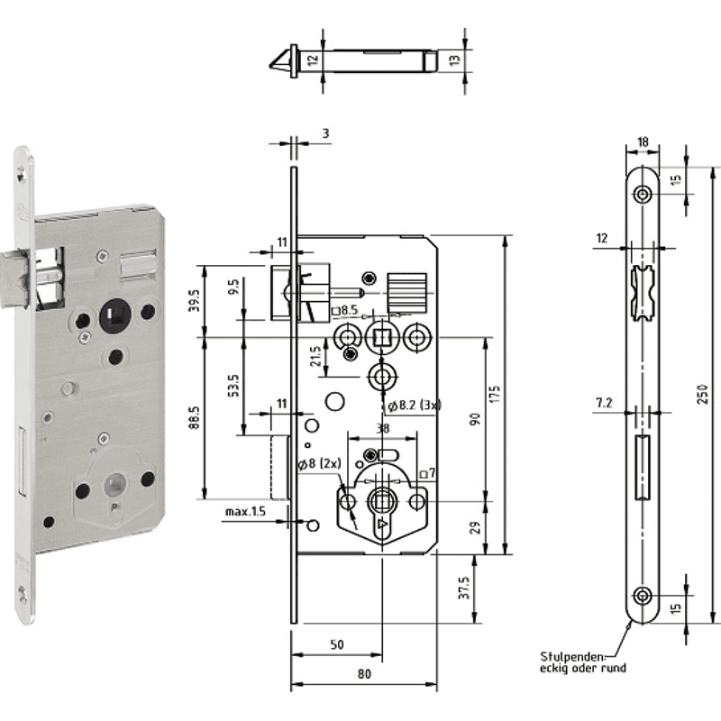 Einstemmschloss 340R, WC DM 50/90 mm, ÖNORM Stulp rund 250x18x3mm verz. LS/RS