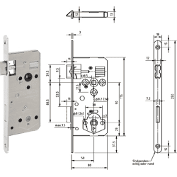 Einstemmschloss 340R, WC DM 50/90 mm, ÖNORM Stulp rund 250x18x3mm verz. LS/RS
