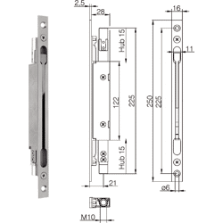 DENI Einsteck-Türkantriegel 9224 verz. 250x16x3mm,  Hub 15mm,  DM 35 bis 67mm