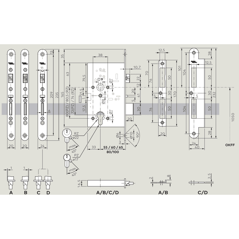 SVP-Einsteckschloss Typ 2272, DM 65/72/9 mm, Stulp rund 235x20 mm ER DIN-RS