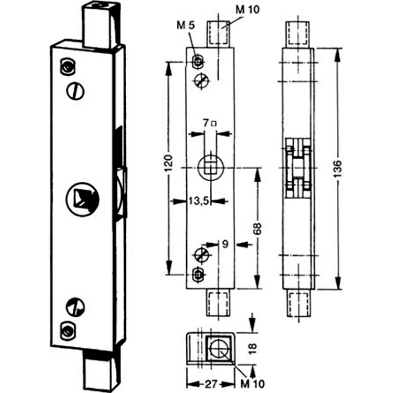 Basküll Kantenriegel Fuhr 295 stahl, VZ, Dornmass 13,5 mm, Vierkantnuss 7mm