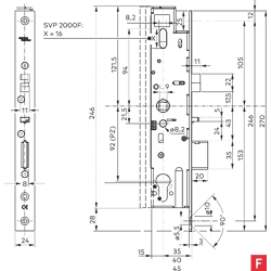 SVP-Einsteckschloss Typ 2719F, DM 35/92/9 mm, Stulp kantig 270x24 mm ER DIN-LS/R
