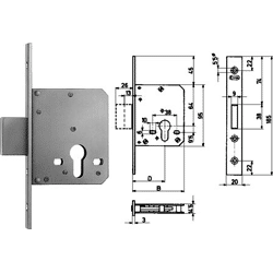 EVVA Riegelschloss E730 PZ,  DM 70mm,  Stulp 185x20x3mm verzinkt