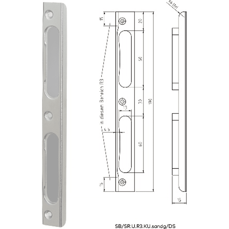 Schließblech SRU.R3, U-Form 190x20x8mm, inkl. Einlage in Grau
