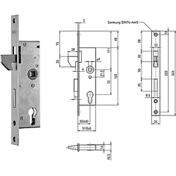 Beyer & Müller Hakenfallenschloss Typ 1331 PZW, DM 35/72/8, 5mm, Stulp kantig 243x24x3mm verz.
