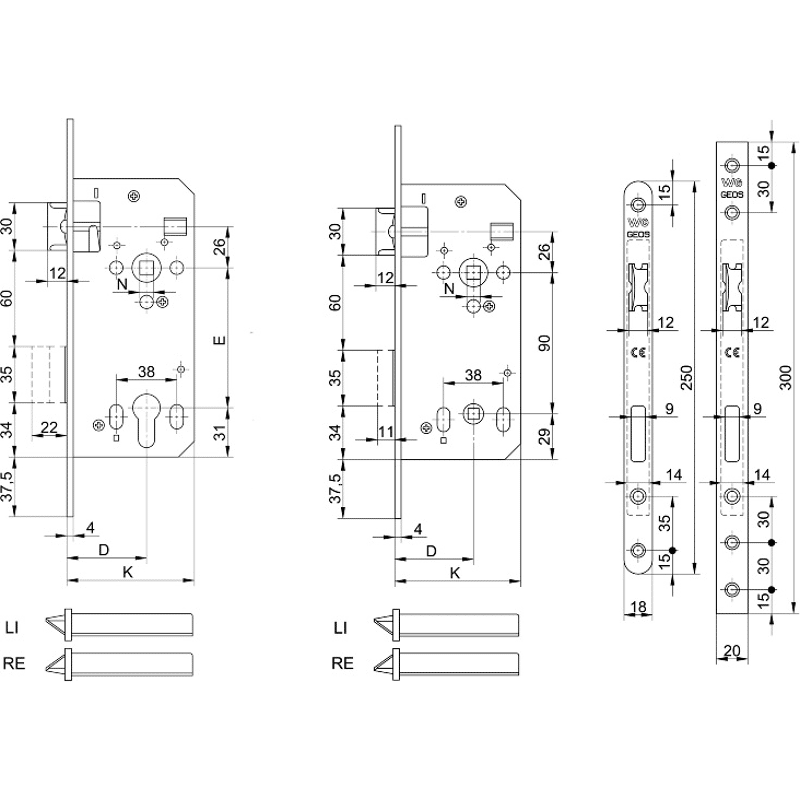 Einstemmschloss 421 PZW DM 70/88 mm ÖNORM Stulp kantig 300x20x4mm Nirolook LS/RS