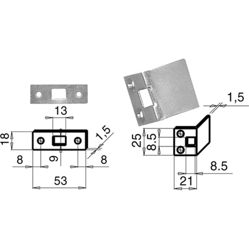 WG Schließblech flach, 53x18mm für Einlegstange