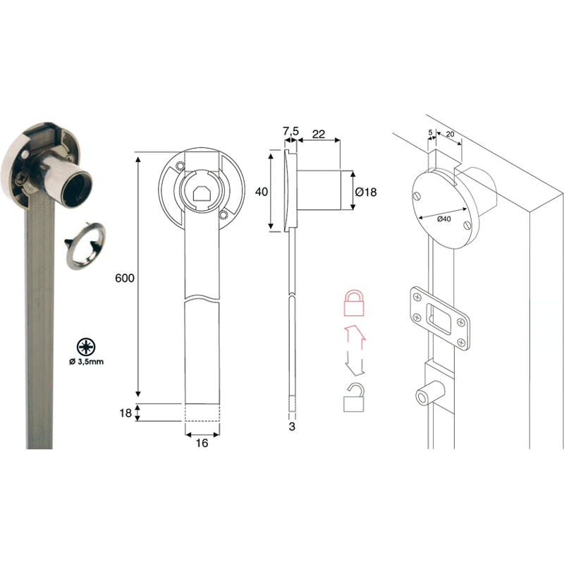 Zentralverschluss Modul 1000 18mm m. Alu Stange 600mm