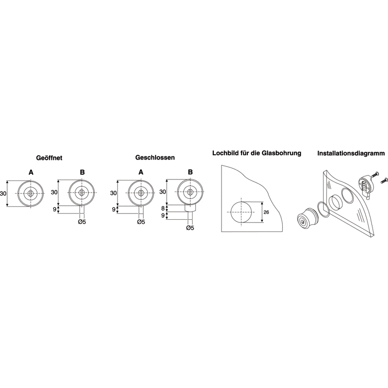 Glastürschloss Modul 1000 28mm Glasstärke: 4-8mm zum einbohren