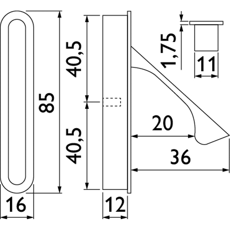 Stirngriff für Schiebetüren 3660, Außenmaße: 85 x 16 x 1,75 mm, ER
